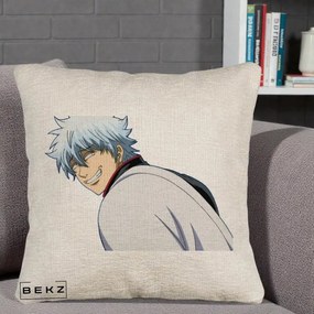 Perna Personalizata Gintama Gintoki Portret cu Zambet, 40x40 cm, Bej Canapea, Husa Detasabila, Perna Inclusa, BEKZ®