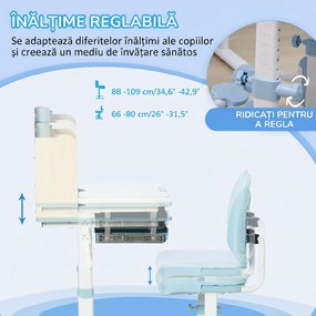 HOMCOM Set de birou si scaun cu inaltime reglabila Birou de scriere pentru copii masa de studiu pentru scoala cu raft | Aosom Romania