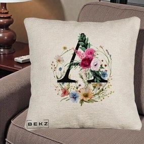 Cadou Personalizat - Perna Personalizata Monogram Litera A cu Flori Acuarela, 40x40 cm, Bej Canapea, Husa Detasabila, Perna Inclusa, BEKZ®