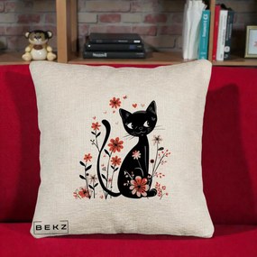 Perna Decorativa Pisica Neagra Flori Roz si Inimi, 40x40 cm, Bej Canapea, Husa Detasabila, Perna Inclusa, BEKZ®
