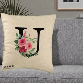Cadou Personalizat - Perna Personalizata Monograma Florala Litera U, 40x40 cm, Bej, Husa Detasabila, Perna Inclusa, BEKZ®