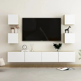 Set dulapuri TV, alb si stejar sonoma, 6 piese, PAL 1, alb si stejar sonoma, 100 x 30 x 30 cm