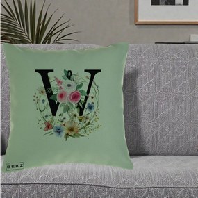 Cadou Personalizat - Perna Personalizata Monograma Florala Litera W, 40x40 cm, Verde, Husa Detasabila, Perna Inclusa, BEKZ®