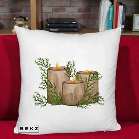 Perna Decorativa Lumanari Rustice cu Crengute Brad, 40x40 cm, Alb Pufos, Husa Detasabila, Perna Inclusa, BEKZ®