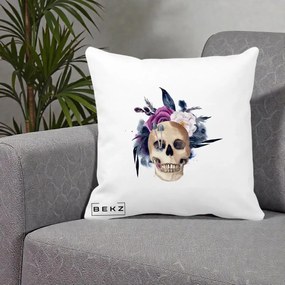 Perna Decorativa Craniu Floral cu Trandafiri si Ciuperci, 40x40 cm, Alba Mata, Husa Detasabila, Perna Inclusa, BEKZ®