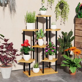 Outsunny Suport pentru plante cu 7 niveluri pentru interior și exterior, stand plante din oțel și lemn, lemn natural | Aosom Romania