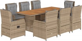 vidaXL Set de masă pentru grădină, 9 piese, cu perne, bej, poliratan