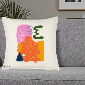 Perna Decorativa Femeie Meditand Abstract, 40x40 cm, Crem Reliefat, Husa Detasabila, Perna Inclusa, BEKZ®