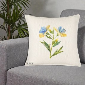Perna Decorativa Botanica Frezie Galbena si Albastra, 40x40 cm, Crem Reliefat, Husa Detasabila, Perna Inclusa, BEKZ®