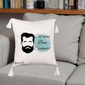 Cadou pentru Cumnat - Perna Personalizata Cel mai Bun Cumnat cu Portret Barbat si Pete Teal, 40x40 cm, Bej cu Franjuri, Husa Detasabila, Perna Inclusa, BEKZ®