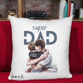Cadou pentru Tata - Perna Personalizata Super Dad Tata si Fiu Imbratisare, 40x40 cm, Alb Pufos, Husa Detasabila, Perna Inclusa, BEKZ®