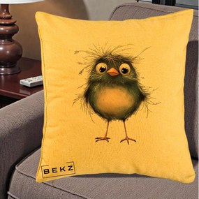 Perna Decorativa Pui Negru Zbarlit cu Pene Fine, 40x40 cm, Galben, Husa Detasabila, Perna Inclusa, BEKZ®