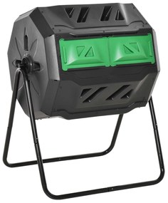 Outsunny Compostor cu 2 Behăuri, Capacitate de 160L, rotativ, 71cm x 65cm x 96cm, Verde + Negru | Aosom Romania