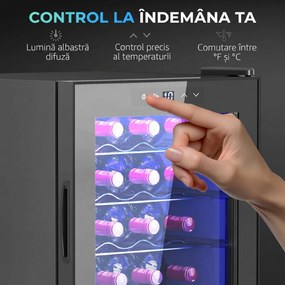 HOMCOM Frigider pentru Vinuri de 20 Sticle cu Temperatură Unică 5-18°C, Geam Anti-UV și Rafturi Reglabile, 43x45x64 cm, Negru | Aosom Romania