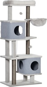 PawHut Copac de zgâriat, două căsuțe, două platforme, bilă de joacă, coș pentru odihnă, protecție anti-răsturnare, sisal, gri, 60 x 40 x 142 cm | Aosom Romania