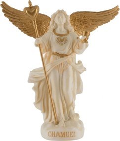 Mini statueta Arhanghelul Chamuel, finisaj alb marmura si auriu, 10 cm