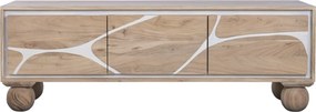Comodă TV living din lemn de acacia, natur, cu 3 uși, decor alb și picioare sferice, 50 x 145 x 40 cm, „Alvera”