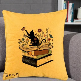 Perna Personalizata Pisica Neagra Carti Flori Fluturi, 40x40 cm, Galben, Husa Detasabila, Perna Inclusa, BEKZ®