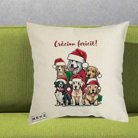 Perna Decorativa Caini cu Bonete Craciun Fericit, 40x40 cm, Ecru, Husa Detasabila, Perna Inclusa, BEKZ®