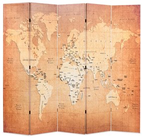 Paravan de cameră pliabil, galben, 200 x 170 cm, harta lumii