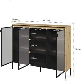 Vitrina 3 usi, sticla fumurie, LED, stejar, Moody