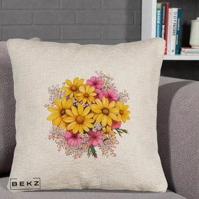 Perna Decorativa Floarea-Soarelui cu Cosmos Roz si Gypsophila, 40x40 cm, Bej Canapea, Husa Detasabila, Perna Inclusa, BEKZ®