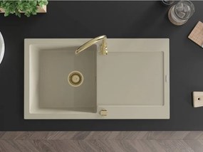 Mexen Leo chiuvetă de bucătărie din granit cu 1 compartiment și scurgător 900 x 500 mm, bej, sifon auriu - 6501901010-69-G