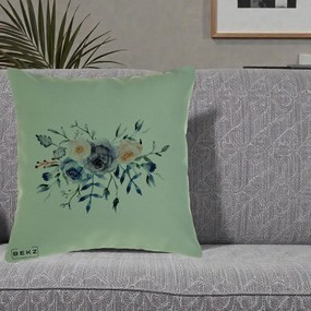 Perna Decorativa Buchet Flori Albastre Acuarela, 40x40 cm, Verde, Husa Detasabila, Perna Inclusa, BEKZ®