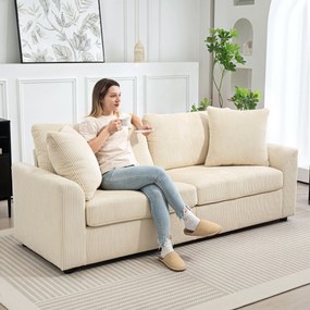 HOMCOM Canapea 3 Locuri din Catifea Reiată cu 2 Perne, 212x80x88 cm, Crem | Aosom Romania
