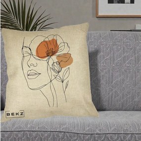 Perna Decorativa Portret Feminin Mac Profilat, 40x40 cm, Crem, Husa Detasabila, Perna Inclusa, BEKZ®