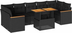 vidaXL Set mobilier grădină perne 8 piese negru, poliratan/lemn acacia