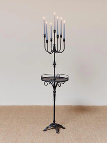 Măsuță laterală înaltă din metal, negru, cu sfeșnic cu 7 brațe, tavă rotundă și bază turnată, finisaj antichizat, 148 x 42 cm, „Perla”