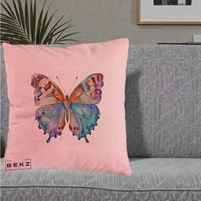 Perna Decorativa Fluture Acuarela Multicolor Portocaliu-Bleu-Mov, 40x40 cm, Roz, Husa Detasabila, Perna Inclusa, BEKZ®