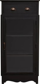 Vitrină mică French Country din lemn masiv de mango, negru, cu 1 ușă vitrată, 3 rafturi, 1 sertar și laterale din sticlă, 140 x 64 x 64 cm, „Majara”
