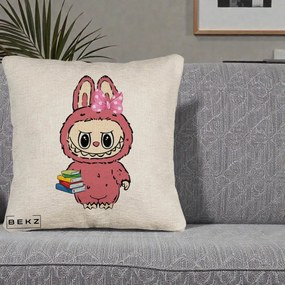 Perna Personalizata Labubu Roz cu Funda si Carti, 40x40 cm, Bej Canapea, Husa Detasabila, Perna Inclusa, BEKZ®