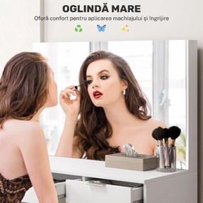 HOMCOM Set Masă de Toaletă cu Oglindă și 5 Sertare și Taburet de Machiaj Tapițat, 97,2x44,5x136,5 cm, Alb | Aosom Romania
