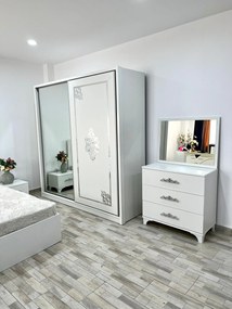 Dormitor Milano, culoare alb, cu pat tapitat 160 x 200 cm, dulap cu 2 usi, comoda cu oglinda, 2 noptiere