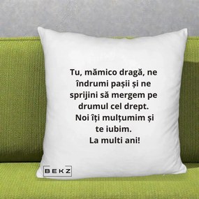 Cadou pentru Mama - Perna Personalizata Mamico Draga Te Iubim La Multi Ani cu Text Negru, 40x40 cm, Alb Pufos, Husa Detasabila, Perna Inclusa, BEKZ®