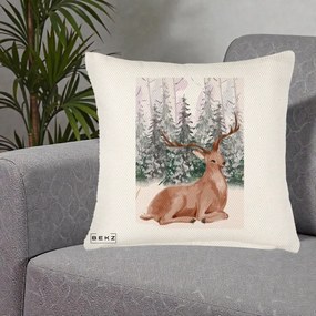 Perna Decorativa Ren in Padure Roz Moale, 40x40 cm, Crem Reliefat, Husa Detasabila, Perna Inclusa, BEKZ®