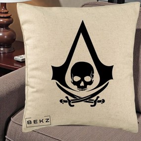 Perna Personalizata Assassin's Creed Black Flag Skull, 40x40 cm, Bej, Husa Detasabila, Perna Inclusa, BEKZ®