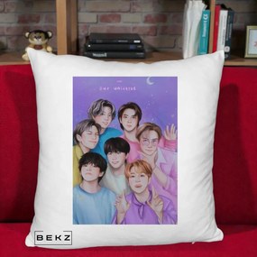 Perna Personalizata K-pop BTS Our Universe Fanart Violet Pastel, 40x40 cm, Alb Pufos, Husa Detasabila, Perna Inclusa, BEKZ®
