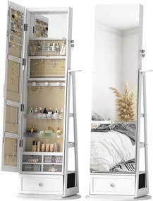 HOMCOM Oglindă-dulap pentru bijuterii cu LED-uri Dulap pentru bijuterii cu oglindă integrală Rotativ 360° Sertar Încuietoare Alb | Aosom Romania
