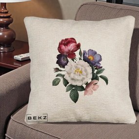 Perna Decorativa Buchet Trandafiri Bujori Botanical, 40x40 cm, Bej Canapea, Husa Detasabila, Perna Inclusa, BEKZ®