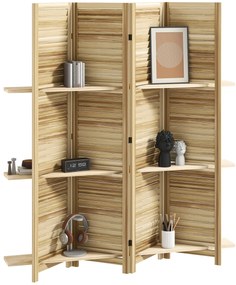 HOMCOM Paravan interior din lemn 4 panouri 160 x 170 cm, separator de cameră pliabil cu 3 rafturi, lemn natural | Aosom Romania
