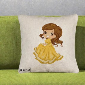 Perna Decorativa Printesa Bella Rochie Aurie, 40x40 cm, Bej Canapea, Husa Detasabila, Perna Inclusa, BEKZ®