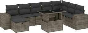 vidaXL Set canapele de grădină, 9 piese, cu perne, gri, poliratan