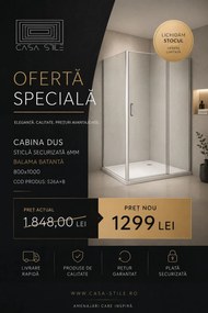Cabina dus sticla securizata 6 mm, usa batanta, dimensiuni 80x100 cm