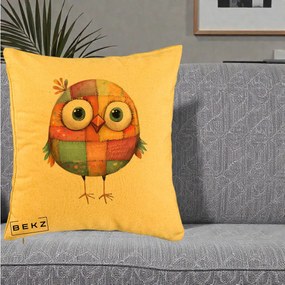 Perna Decorativa Pasare Patchwork Colorata, 40x40 cm, Galben, Husa Detasabila, Perna Inclusa, BEKZ®