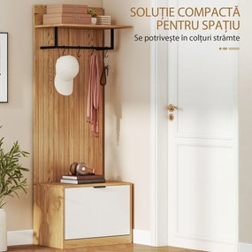 HOMCOM Cuier de Hol cu Pantofar Rabatabil, Cuier cu Bancă, 4 Cârlige și Rafturi pentru Pantofi, Organizator Modern pentru Hol și Coridor, Stejar și Alb | Aosom Romania