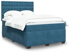 vidaXL Pat box spring cu saltea, albastru, 140x200 cm, catifea